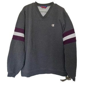 Champion Gray V-Neck Sweater with Purple and White Stripes